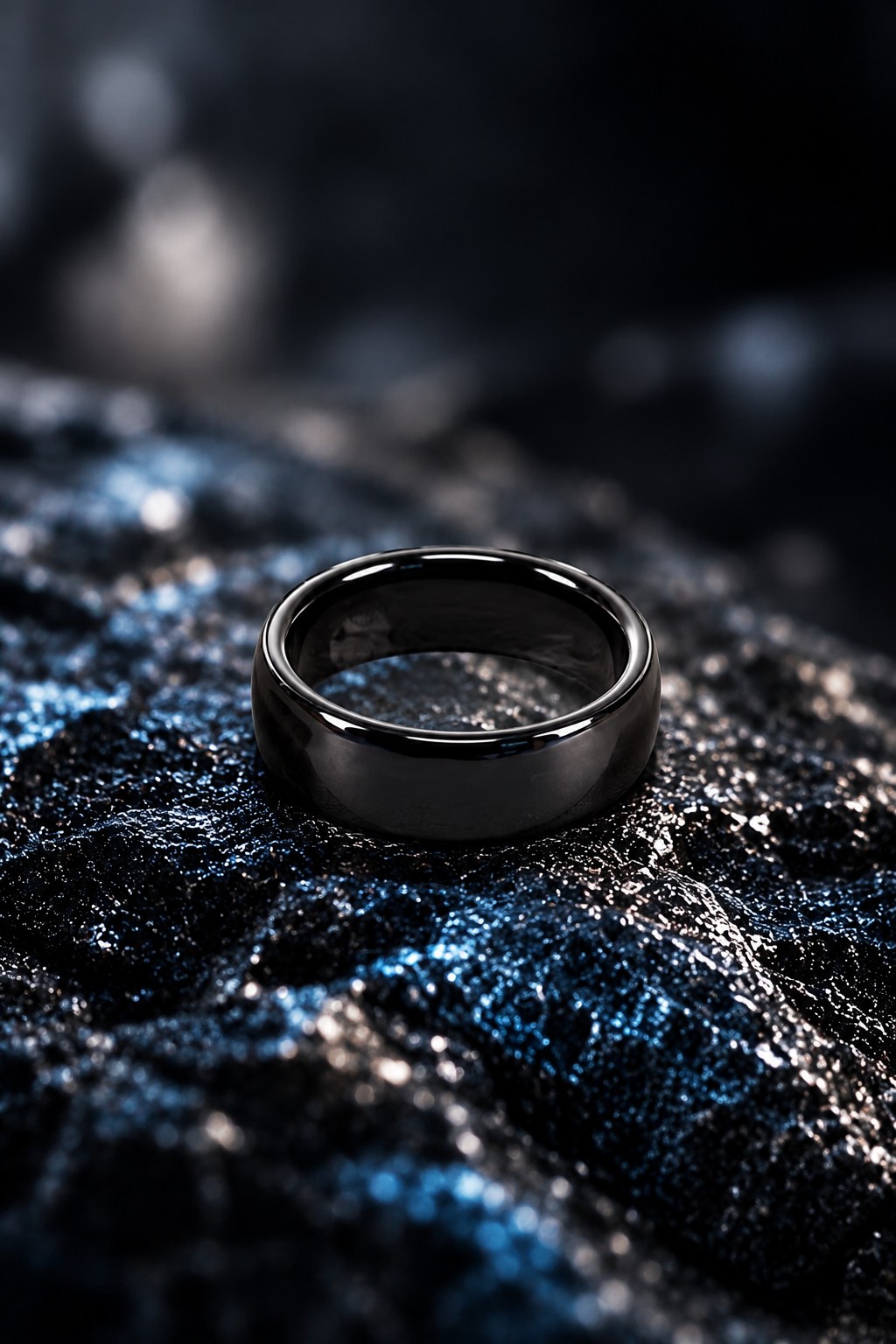 Glossy black ring on a dark textured surface
